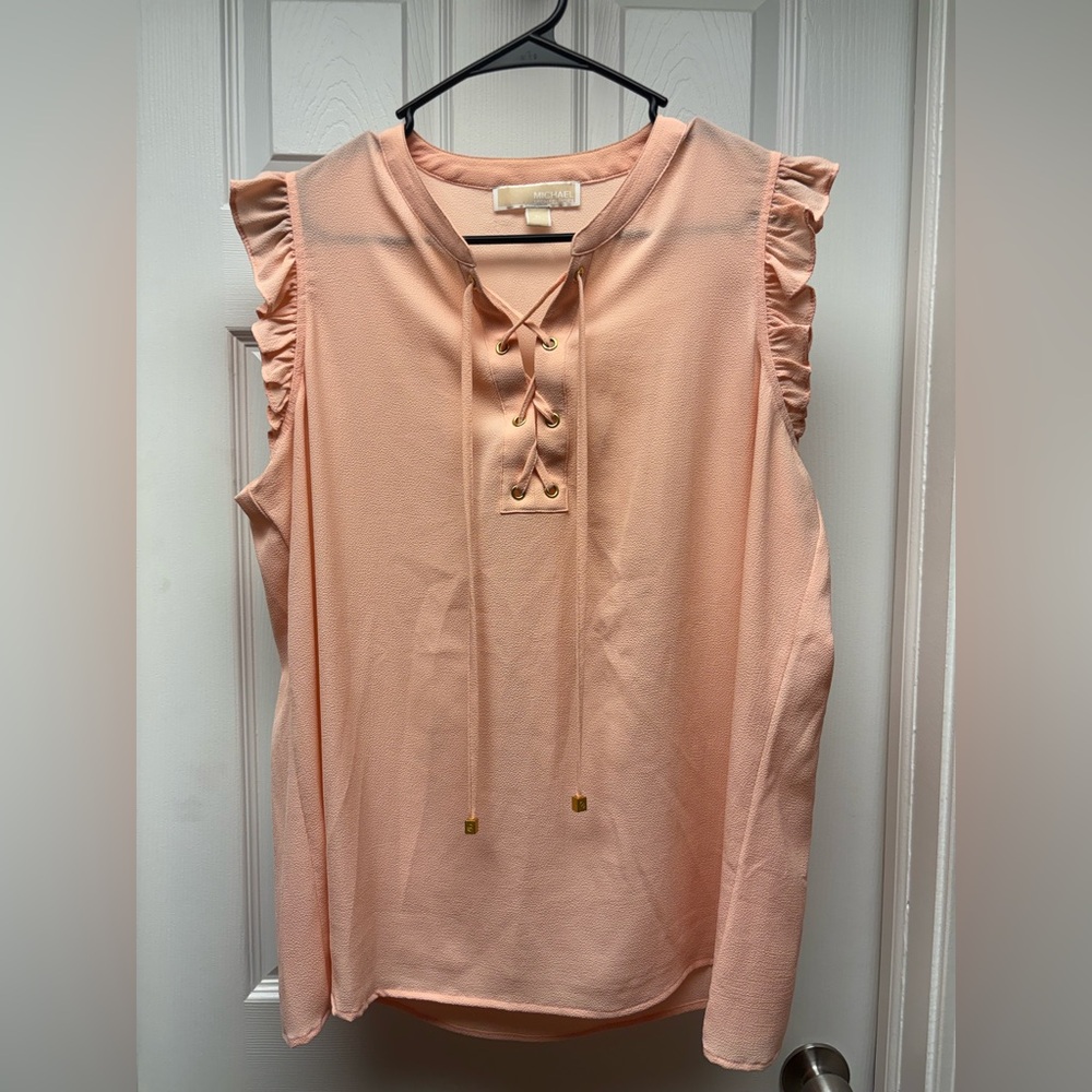 Michael Michael Kors Ruffle Sleeve Lace-Up Blouse – Light Pink/ Blush, Size XL